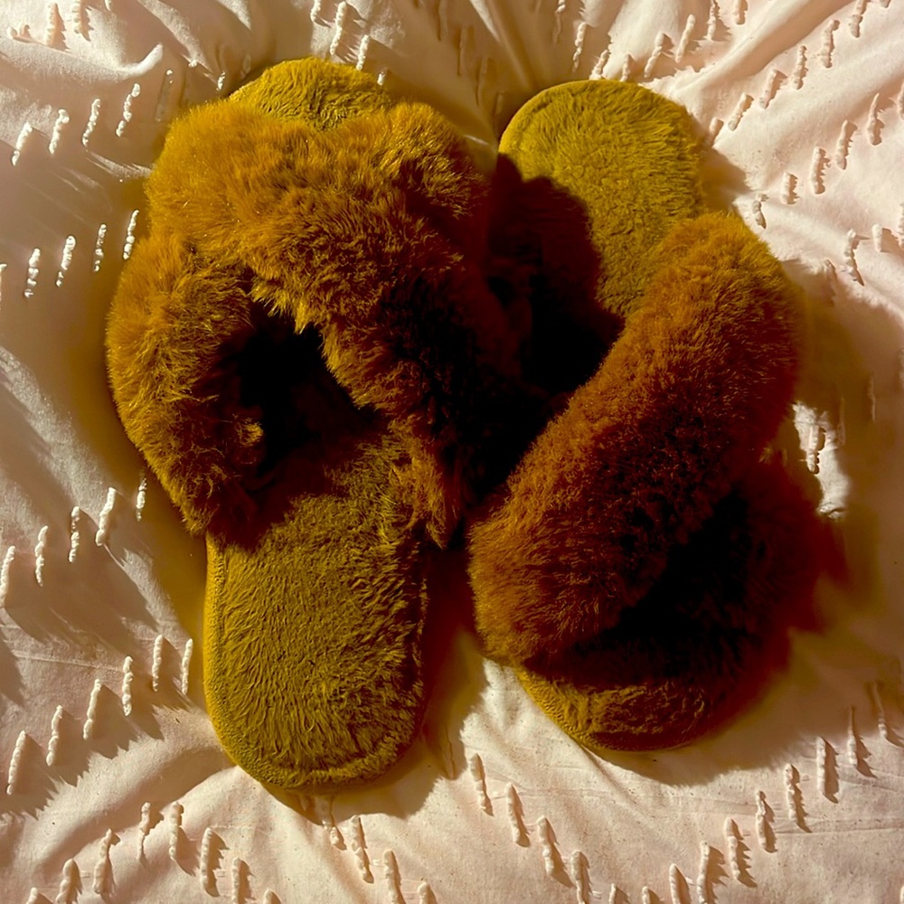 These are rich brown fuzzy slippers purchased from Amazon! Used but good!